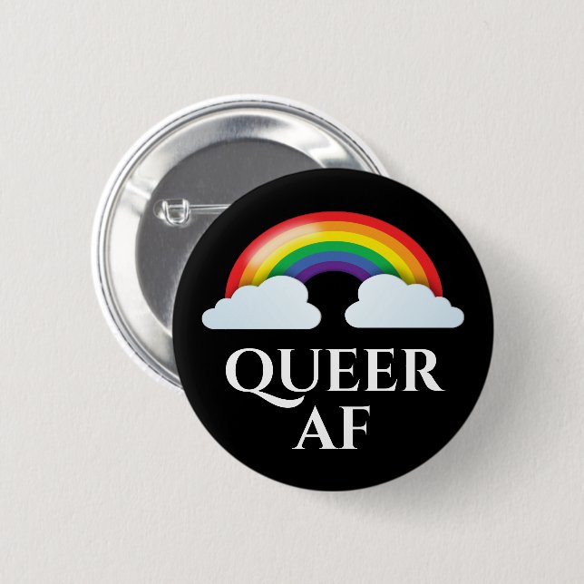 'Queer AF' rainbow and clouds Button (Front & Back)