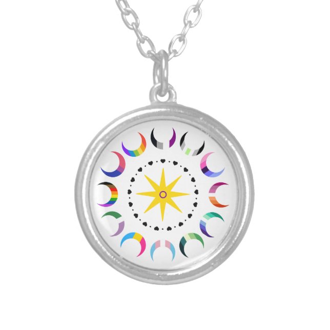 Queer Crescent Pride Moons Silver Plated Necklace (Front)