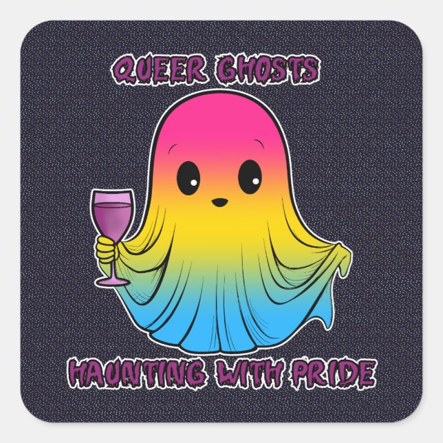 Queer Ghosts, Ghost in Pansexual Flag Colors Square Sticker (Front)