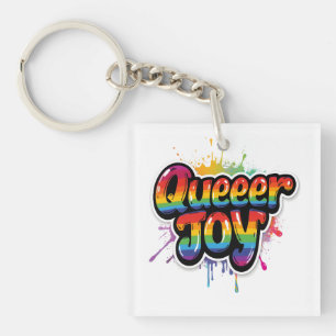 Queer Joy Rainbow Pride Typography – LGBTQ+ Quotes Keychain