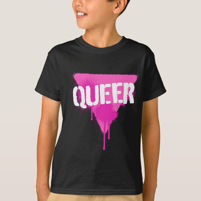 Queer Pink Triangle In Punk Spray Paint Stencil St T-Shirt (Front)