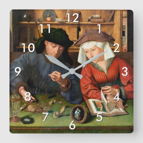 Quentin Matsys _ The Moneylender and His Wife Square Wall Clock