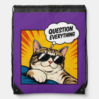 Question Everything - Conspiracy Cat Drawstring Bag