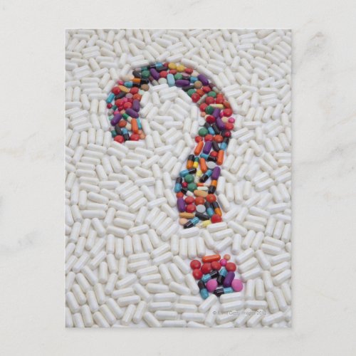 Question mark of pills on white pill background postcard