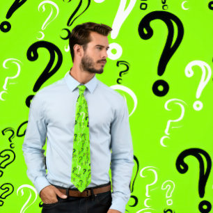 Question Marks Tie- White, Black, Chartreuse Neck Tie