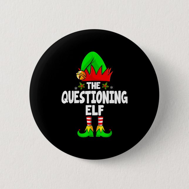 Questioning Elf Group Christmas Funny Pajama Party Button (Front)