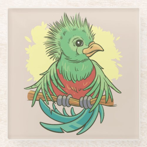 Quetzal bird animal cartoon design glass coaster