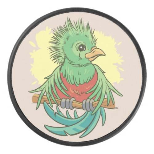 Quetzal bird animal cartoon design hockey puck