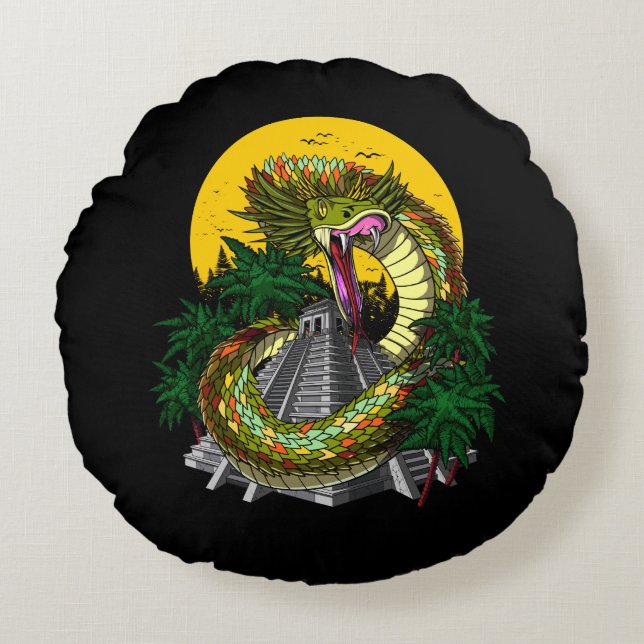 Quetzalcoatl Aztec Snake God Round Pillow (Front)