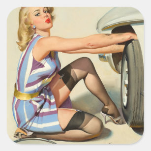 Girl Fishing Pin Up Art Square Sticker