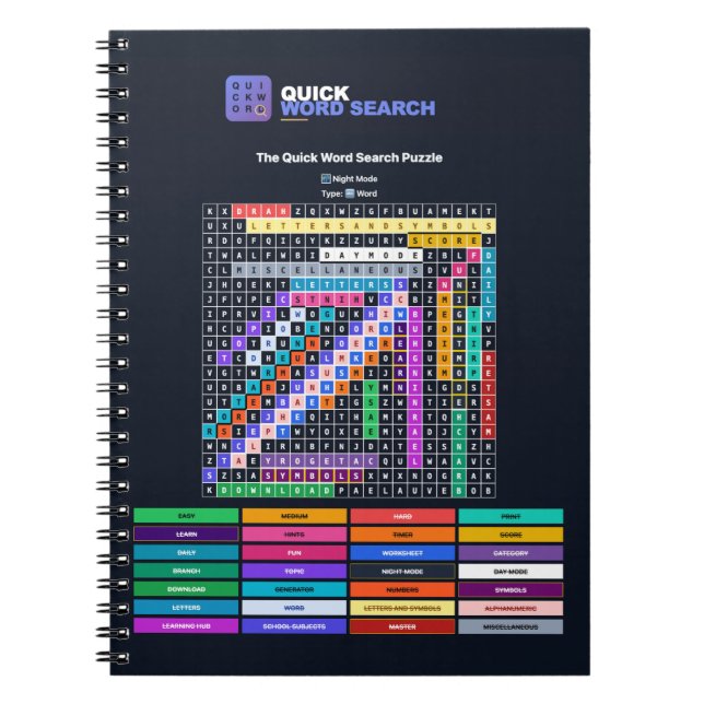 Quick Word Search — Night Mode Notebook (Front)