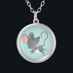 Quiet as a Mouse Cute Animal Cartoon Silver Plated Necklace<br><div class="desc">A cute little mouse cartoon image against a light blue background. You may change the blue background to another color using the background selections. This makes a nice children's gift.</div>