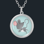Quiet as a Mouse Cute Animal Cartoon Silver Plated Necklace<br><div class="desc">A cute little mouse cartoon image against a light blue background. You may change the blue background to another color using the background selections. This makes a nice children's gift.</div>