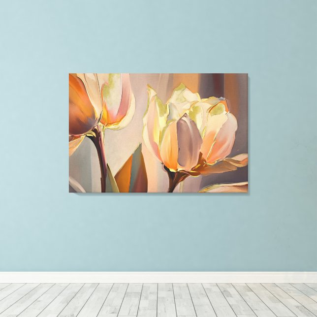 Quiet Bloom – Abstract Tulips In Soft Gold Canvas Print (Insitu(Wood Floor))