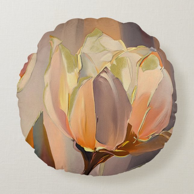 Quiet Bloom – Abstract Tulips In Soft Gold Round Pillow (Front)