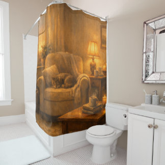 Quiet Corner Cat & Lamp Painterly Shower Curtain