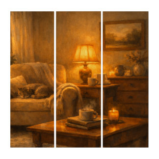 Quiet Corner Cat & Lamp Triptych Wall Art