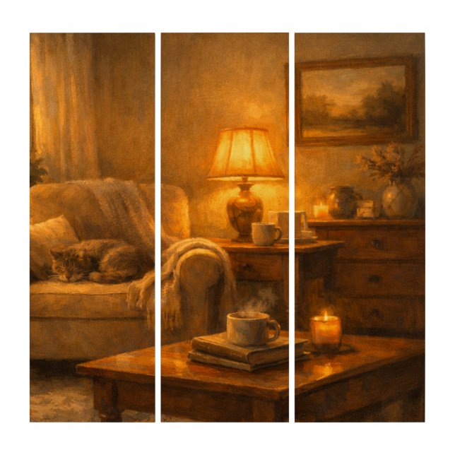 Quiet Corner Cat & Lamp Triptych Wall Art (Front)