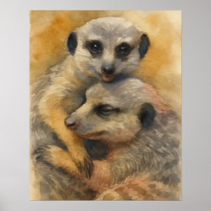 Quiet Embrace – Watercolor Meerkat Pair Poster