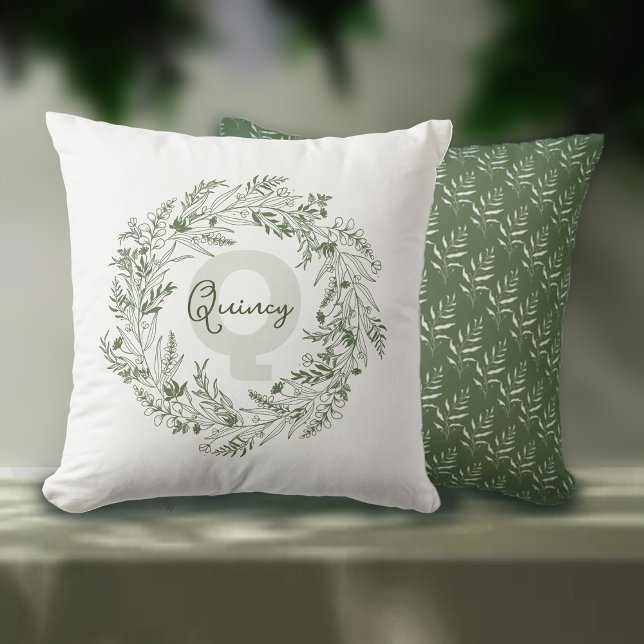 Quiet Green Botanical Monogram Q Throw Pillow (Creator Uploaded)