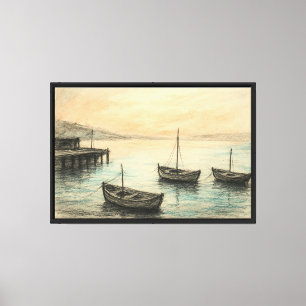 Quiet Harbor Sunrise Charcoal & Watercolor Art Canvas Print