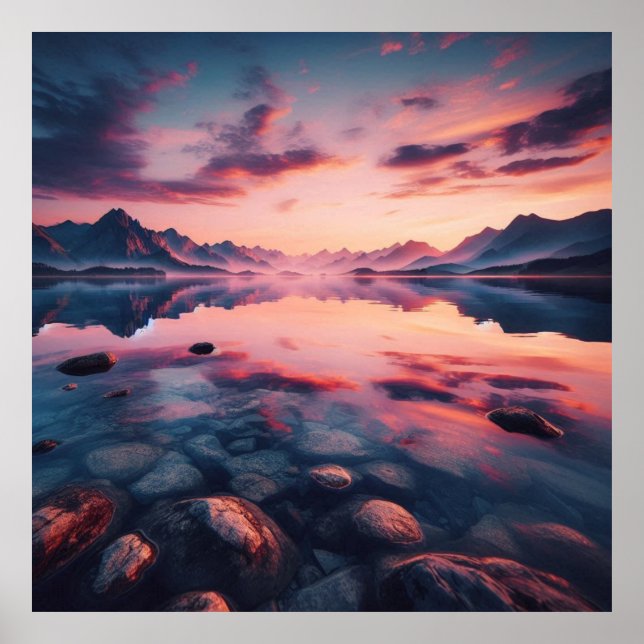 Quiet Lake Sunset Poster, Reflective Mountain Dusk Poster (Front)