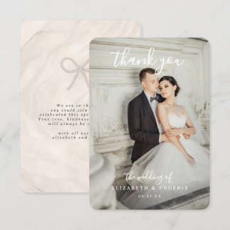Quiet Luxury Champagne Pearl Bow Wedding Photo  Thank You Card