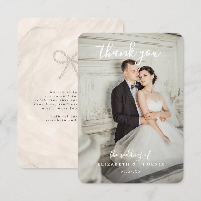 Quiet Luxury Champagne Pearl Bow Wedding Photo  Thank You Card (Front/Back)