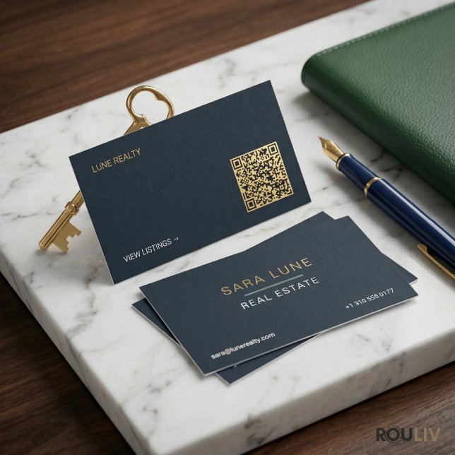 Quiet Luxury Navy Gold Real Estate Agent Minimalis Business Card (Quiet Luxury Navy Gold Real Estate Agent Minimalist Dual-Side Professional Card)