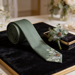 Quiet Luxury Sage Green Botanical Monogram Groom Neck Tie