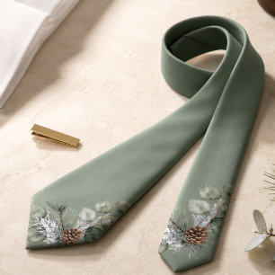 Quiet Luxury Sage Green Botanical Monogram Groom Neck Tie