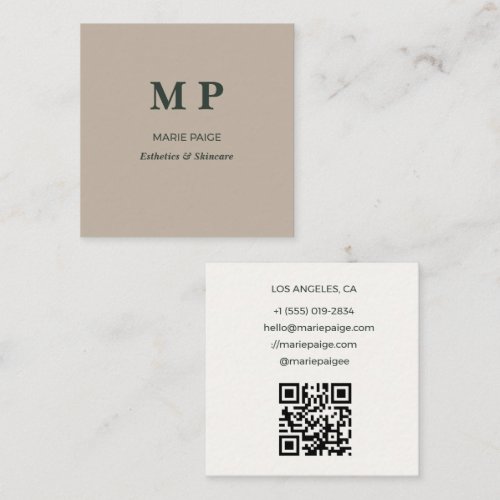 Quiet Luxury Sage Green Gold Monogram Square Business Card