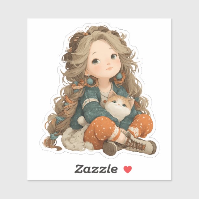 Quiet Moment Girl & Cat – Premium Art Sticker (Sheet)