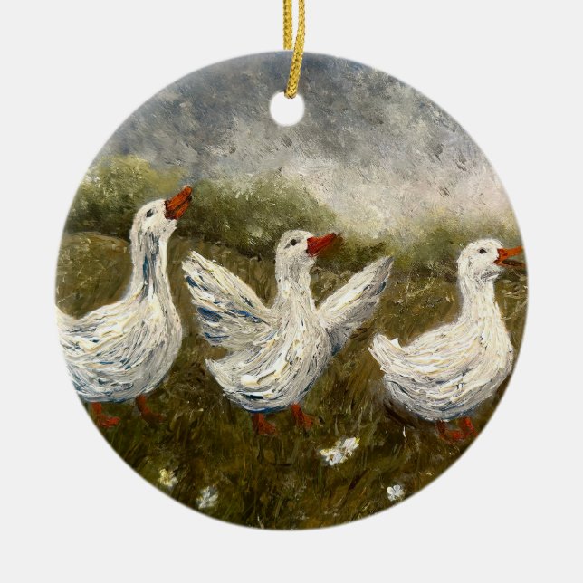 Quiet Quack: White Duck Starry Night Goose Ceramic Ornament (Front)