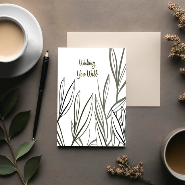 Quiet Reeds — Minimal Get Well Card (Minimal botanical get well card front page with reeds and “Wishing You Well” message.)