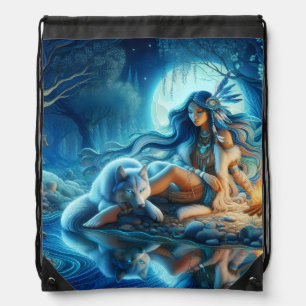 Quiet river evening with a Native and wolf Drawstring Bag