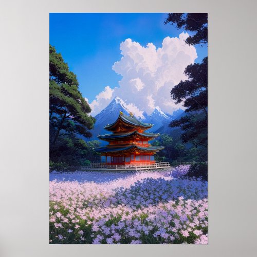 Quiet Temple in the field of Flowers Poster