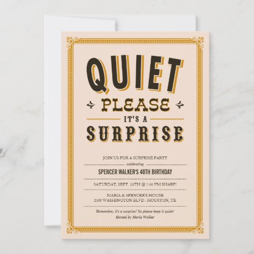 Quiet Vintage Surprise Party Invitations - These vintage surprise party invitations have an old formal antique design. The headline reads "QUIET PLEASE, IT'S A SURPRISE".  Can be customized and used for a surprise birthday party, surprise retirement party, or a surprise anniversary party.
 



