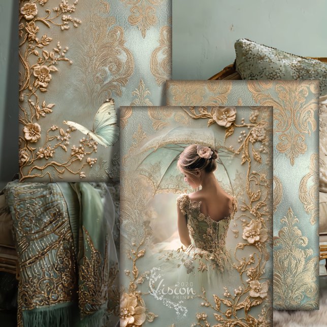 Quiet Yearning Vintage Ballerina Baroque Victorian Wrapping Paper Sheets (Vintage Ballerina, Elegant Butterfly, Baroque Gold Floral Vines, Ornate Design Heavyweight Decoupage)