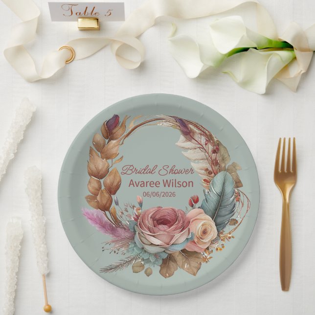 Quietude Sage Green Pink Cream Turquoise Shower Paper Plates (Wedding)