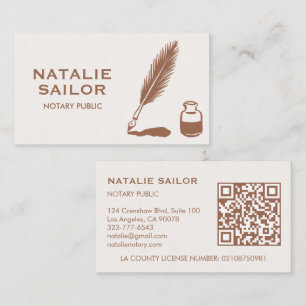 Quill Feather Ink Pen Logo Notary Public CUSTOM QR Business Card