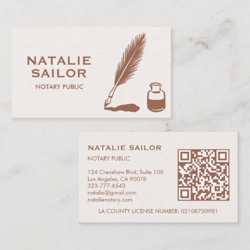 Quill Feather Ink Pen Logo Notary Public CUSTOM QR Business Card