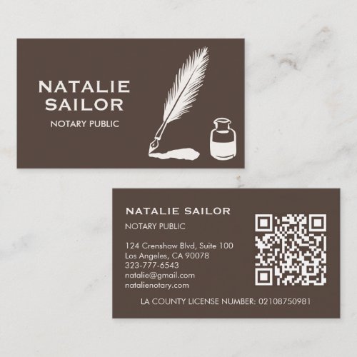 Quill Feather Ink Pen Logo Notary Public CUSTOM QR Business Card
