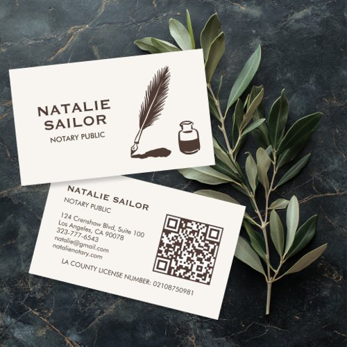 Quill Feather Ink Pen Logo Notary Public CUSTOM QR Business Card