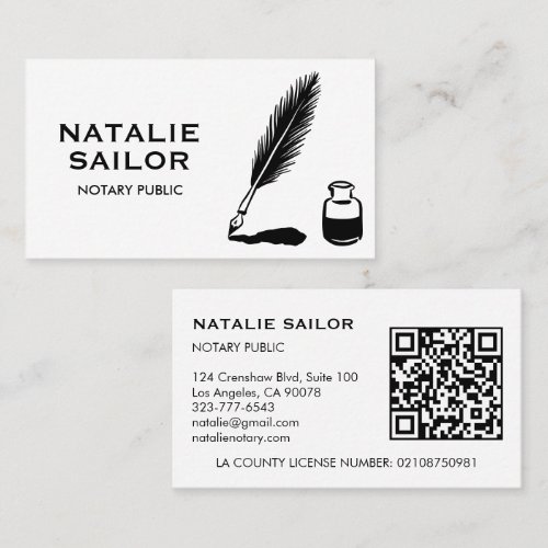 Quill Feather Ink Pen Logo Notary Public CUSTOM QR Business Card