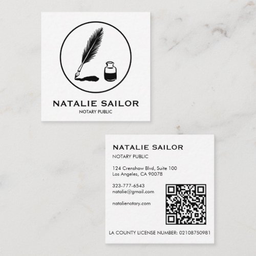 Quill Feather Ink Pen Logo Notary Public CUSTOM QR Square Business Card
