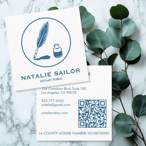 Quill Feather Ink Pen Logo Notary Public CUSTOM QR Square Business Card