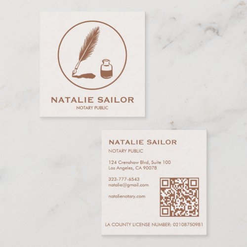 Quill Feather Ink Pen Logo Notary Public CUSTOM QR Square Business Card