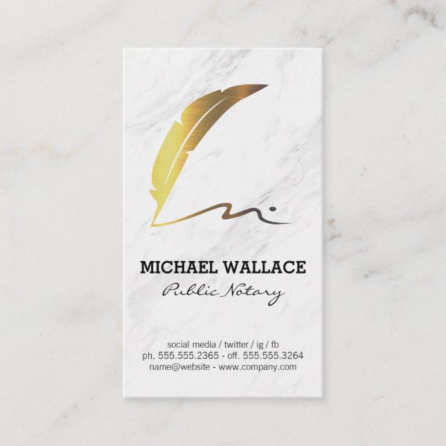 Quill Feather Pen Scribble Logo | Marble Business Card (Front)