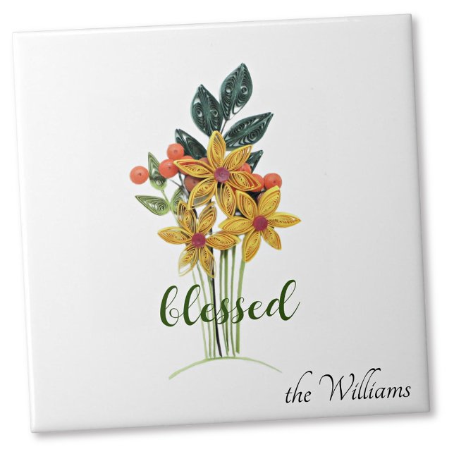 Quilled Autumn Flowers "blessed" Ceramic Tile (Creator Uploaded)